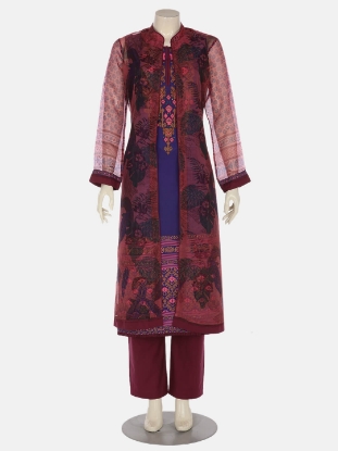 Mauve Printed and Embroidered Joysree Silk Shalwar Kameez Set with Coaty