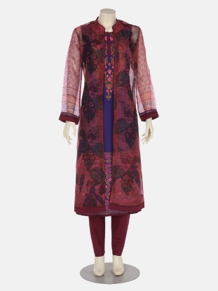 Mauve Printed and Embroidered Joysree Silk Shalwar Kameez Set with Coaty