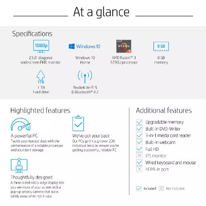 Picture of HP - 23.8" All-in-One Desktop - AMD Ryzen 3 3250U Processor - 8GB Memory - 1TB Hard Drive - USB White Wired Keyboard and Mouse Combo - HP Privacy Camera - 2 Year Warranty Care Pack - Windows 10 Home
