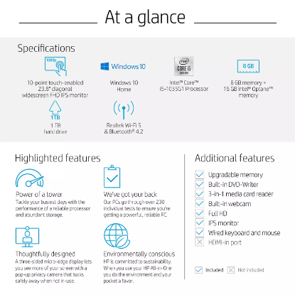 Picture of HP - 23.8" Full HD Touch All-in-One - 10th Gen Intel Core i5 - 8GB RAM + 16GB Intel Optane Memory - 1TB Hard Drive - USB Black Wired Keyboard and Mouse Combo - HP Privacy Camera - 2 Year Warranty Care Pack - Windows 10 Home