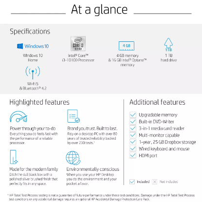 Picture of HP - Pavilion - DesktopTower - 10th Gen Intel Core i3 - 4GB+16GB Intel® Optane™ Memory - 1TB Hard Drive - USB Black Wired Keyboard and Mouse Combo - 2 Year Warranty Care Pack - Windows 10 Home