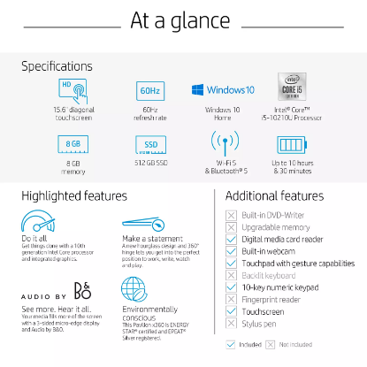 Picture of HP - Pavilion x360 - 15.6" HD Touchscreen 2-in-1 Laptop - 10th Gen Intel Core i5 - 8GB Memory - 512 GB SSD - 2 Year Warranty Care Pack - Windows 10 Home