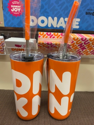 Picture of New Orange DUNKIN DONUTS 22oz Stainless Steel Sipper With Straw 2021 Tumbler