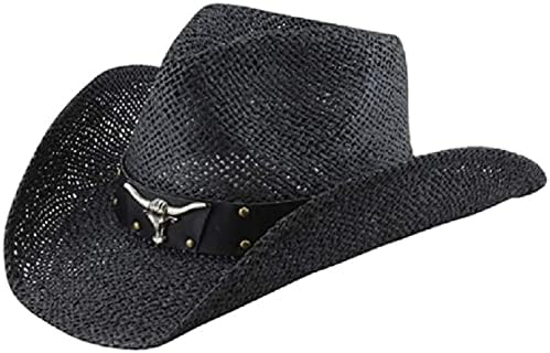 Picture of Black Straw Cowboy Hat Stud Band Cowgirl Western Medium Size 7 Wide Brim