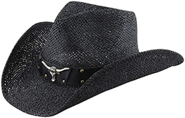Picture of Black Straw Cowboy Hat Stud Band Cowgirl Western Medium Size 7 Wide Brim