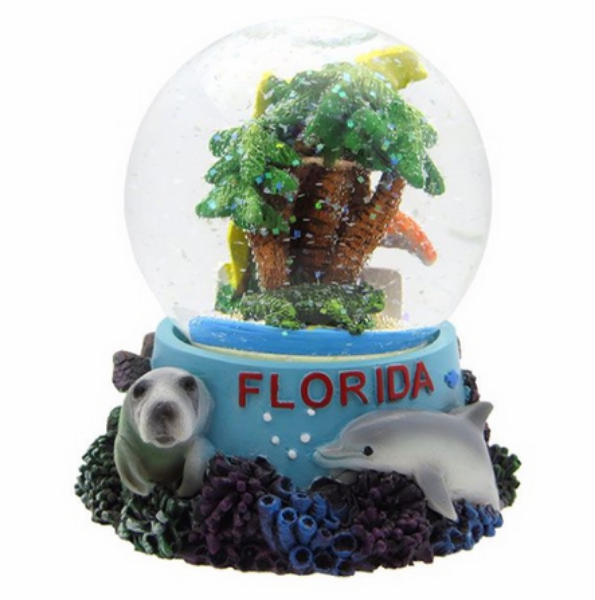 Picture of Florida Glass Snow Globe SnowDome -65 mm Home Decor PCF- Palms Trees with Dolphins,Gator, Manatee, Flamingo and Turtle