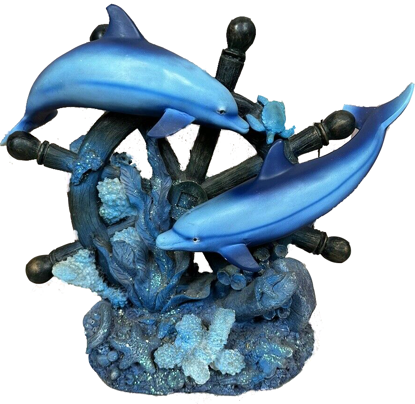 Picture of BLUE Sea Dolphin & Ship WHEEL SET  Home & Garden Statue Home Decor