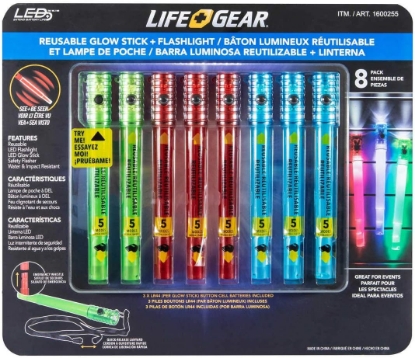 Picture of Life+Gear Reusable Glow Stick and Flashlight Combo, Multi Use Flashlight with Emergency Whistle 8 pack