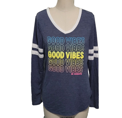 Picture of Good Vibe Varsity Stripe Long Sleeve Juniors V-Neck T-Shirt