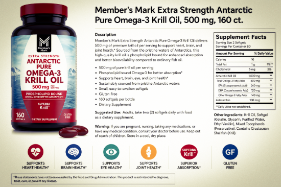 Picture of Member's Mark Extra Strength Antarctic Pure Omega-3 Krill Oil, 500 mg, 160 ct.