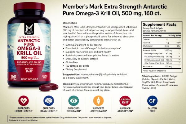 Picture of Member's Mark Extra Strength Antarctic Pure Omega-3 Krill Oil, 500 mg, 160 ct.