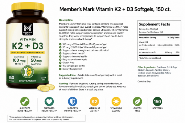 Picture of Member's Mark Vitamin K2 + D3 Softgels, 150 ct.