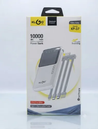 KLGO KP-37 10000mAh Portable Power Bank with Built-In 4-Head Charging Cables & Digital Display