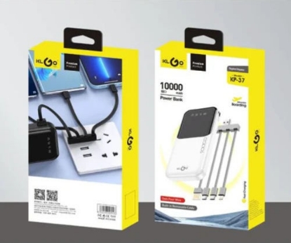 KLGO KP-37 10000mAh Portable Power Bank with Built-In 4-Head Charging Cables & Digital Display
