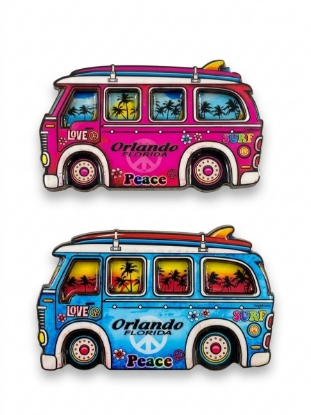 Picture of Orlando, Florida Peace Car Wooden Magnet – Laser-Cut Vintage Bus Souvenir Refrigerator Magnet